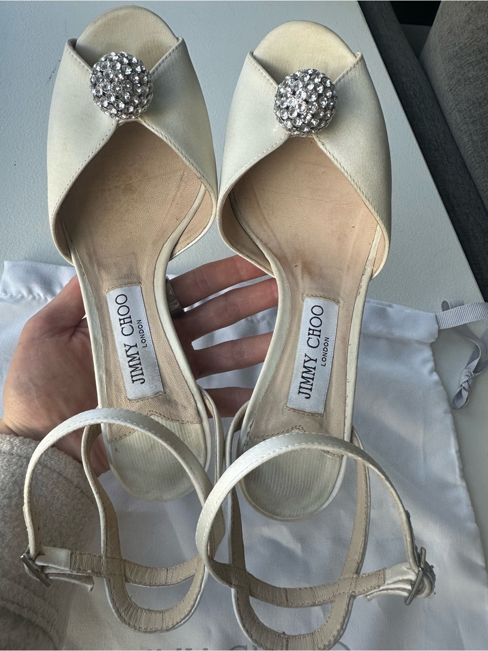 Jimmy Choo Ivory Satin Slingback Heels with Crystal Button